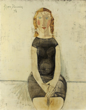 Roger Descombes,  Petite Fille aux Tresses Louise, 1958 - PETITE FILLE AUX TRESSES LOUISE, huile sur massonite, 1958, Coll. Hôtel Mon Repos, GE